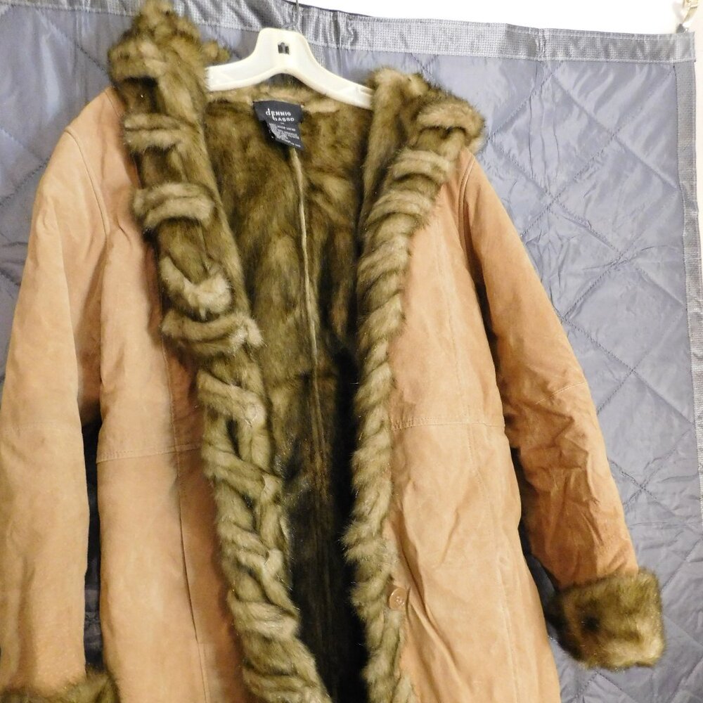 Dennis Basso Luxe Leather and Faux Fur Hooded Coat Size Medium Carmel Brown